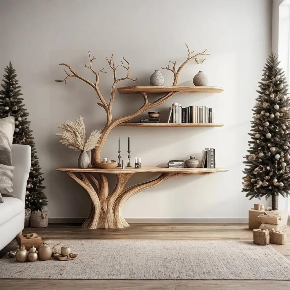 Console with Tree Branch Bookshelf — Solid Wood Wall‑Mount