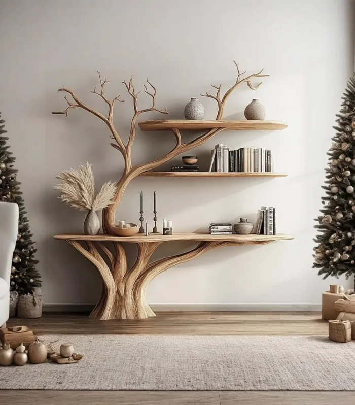 Console with Tree Branch Bookshelf — Solid Wood Wall‑Mount
