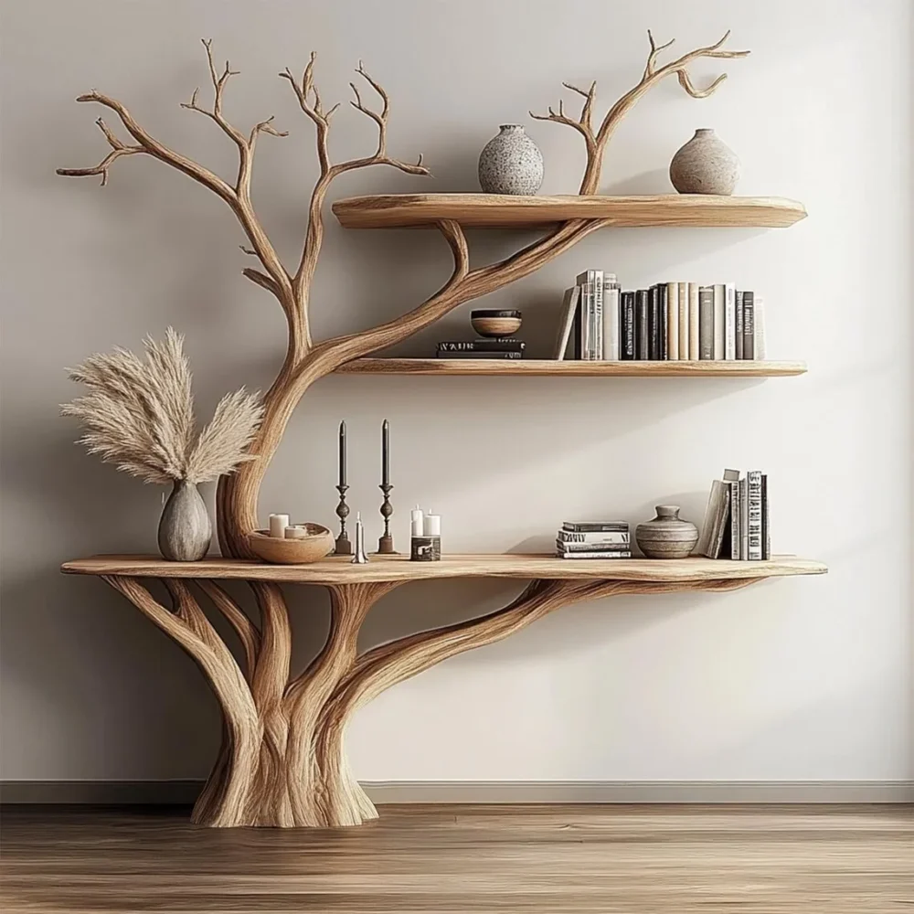Console with Tree Branch Bookshelf — Solid Wood Wall‑Mount - Image 2