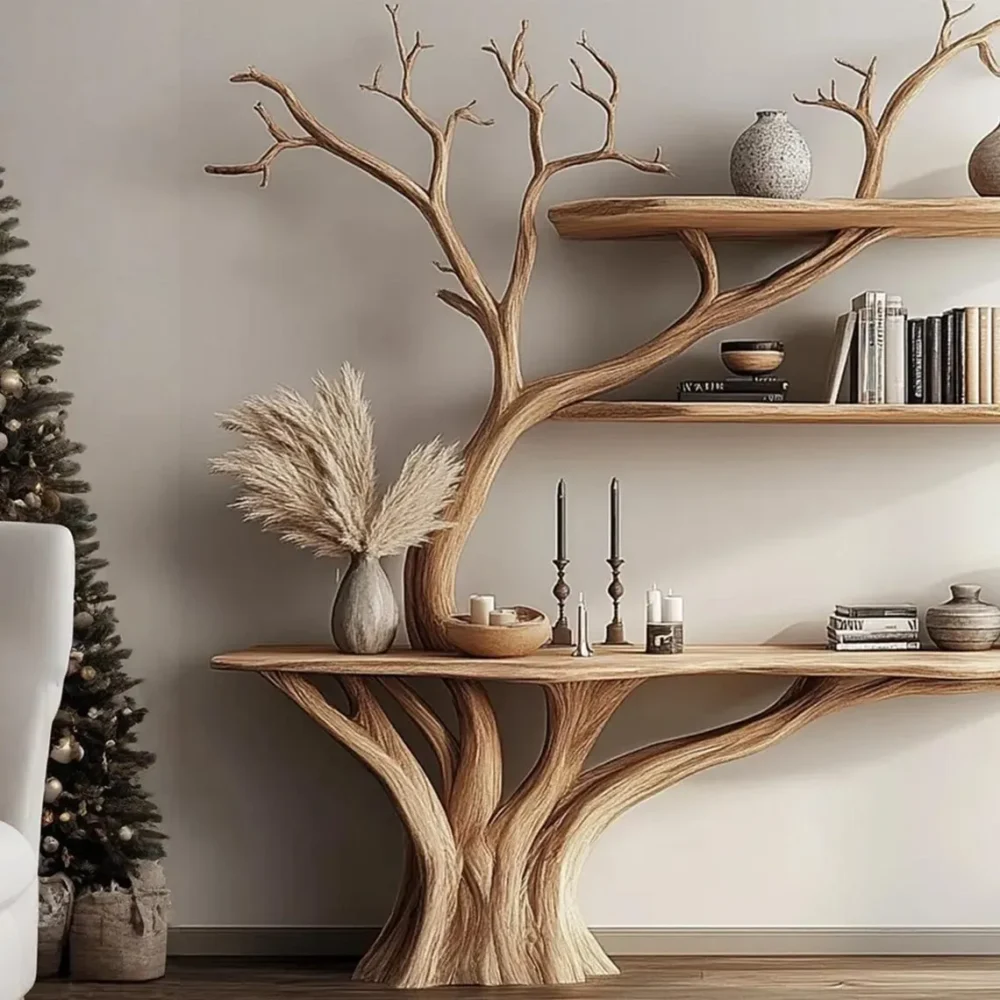 Console with Tree Branch Bookshelf — Solid Wood Wall‑Mount - Image 3