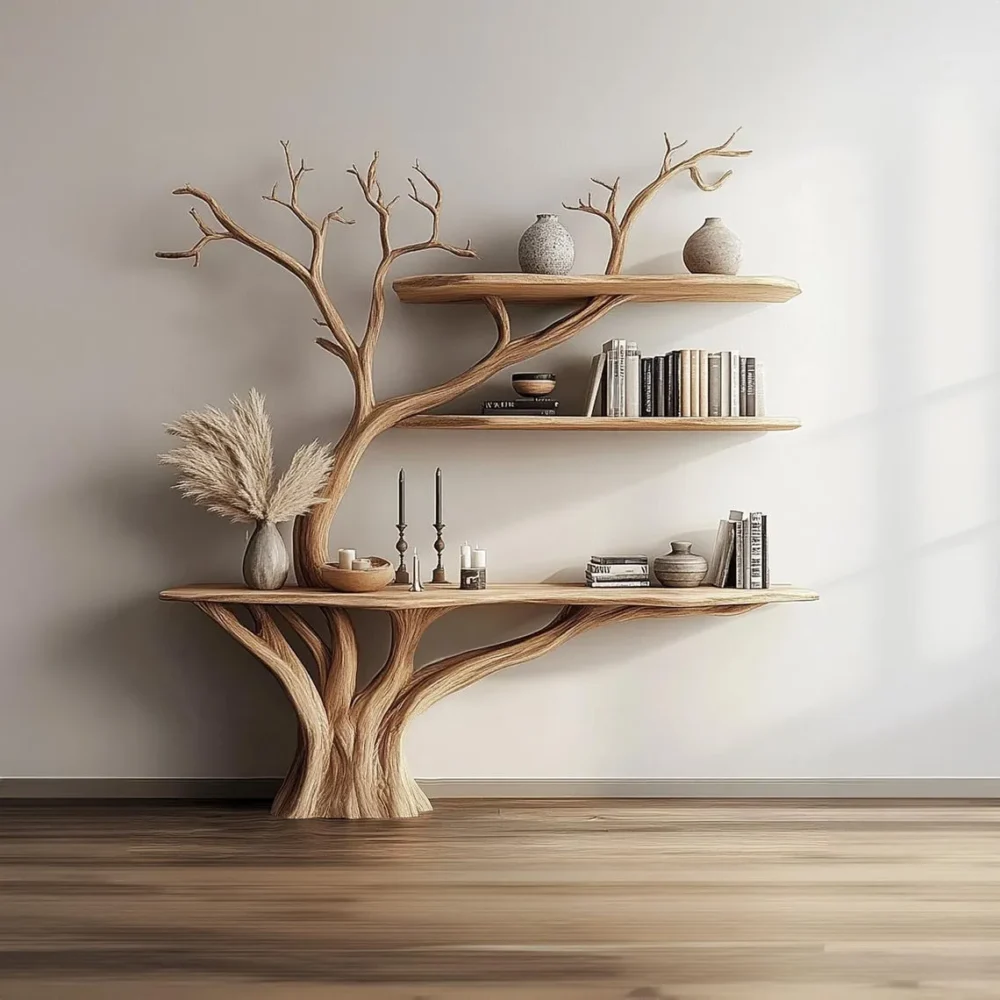 Console with Tree Branch Bookshelf — Solid Wood Wall‑Mount - Image 6